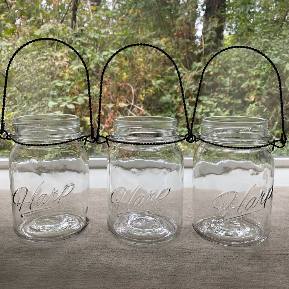 Set Of Three Beautiful Vintage Clear Glass Twisted Metal Hanging Lanterns, Vases